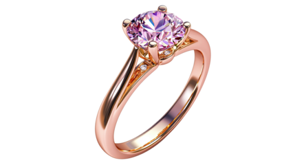 isolated transparent Rose gold engagement ring with pink diamond, luxury rose gold ring, elegant pink diamond engagement jewelry, Romantic jewelry photography, Luxury engagement visuals