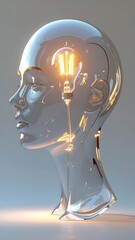 Transparent head with glowing lightbulb inside, representing idea or innovation
