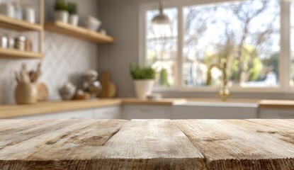 Blurred kitchen, wooden table top