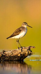 A small wading bird perched on a log in shallow water. Golden hues fill the background