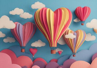 Ai Colorful heart-shaped hot air balloons floating in a blue sky with fluffy clouds and pastel-colored hills