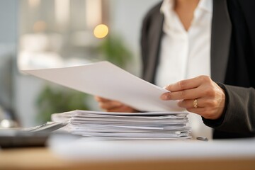 Fototapeta premium Businesswoman reviewing documents at office desk