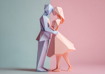 Ai couple made of paper in a tender pose, showcasing love and creativity against a colorful background