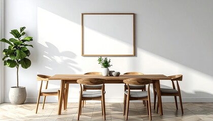 Bright, minimalist dining room with wooden table and chairs