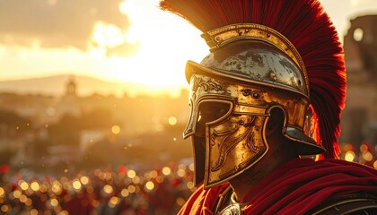 Roman soldier helmet in sunset glow