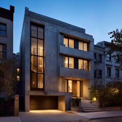 Modern concrete house exterior twilight