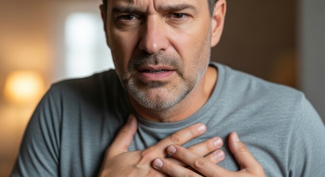 A worried middle-aged man clutches his chest with a concerned expression, possibly experiencing chest pain or anxiety.