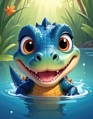Cute cartoon crocodile in a shallow pond