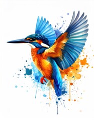 Vibrant kingfisher in flight, surrounded by colorful splashes