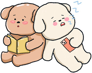 Cute bear and dog reading book