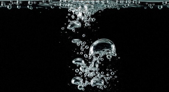 Close-up of rising bubbles in clear water against a black background.