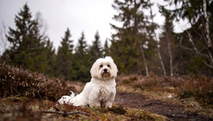 A small, white dog sits amidst a wintry forest scene