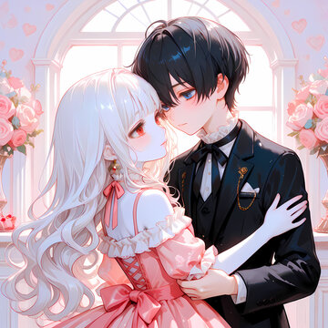 ダンスするカップル。アルビノの少女と碧眼の青年のバレンタインデー。日本の漫画風のAIイラスト