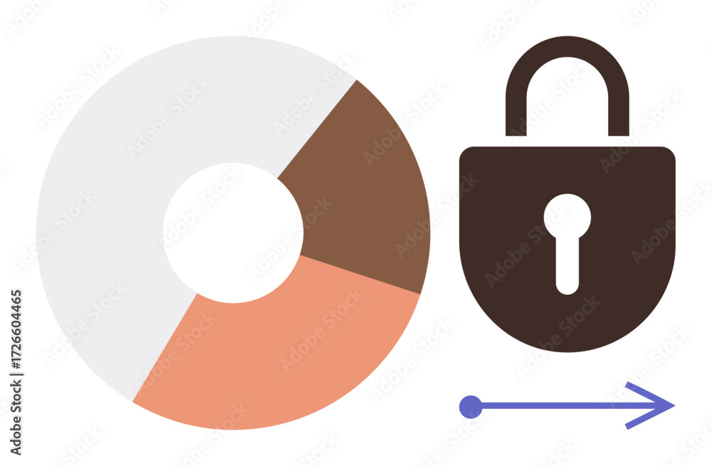 Poster pie chart with segmented data, lock symbol for security, and arrow indicating forward progression. i