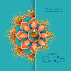 Turquoise Colorful Diwali Festival Banner. Traditional Indian background with diya lamp, decorative mandala and petals