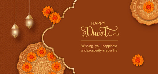 Happy diwali hindu festival banner with decorative diya design, gold frame and orange flowers