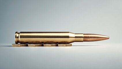 Brass cartridge resting on coins.  A gold-toned bullet rests atop a row of coins against a light gray backdrop