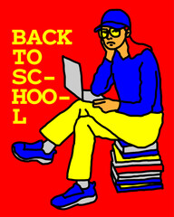 A young female student is in a bored mood as her college is about to start. Illustration graphic design.