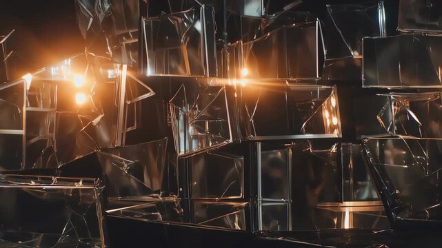 Abstract geometric shapes, dark and reflective, with warm light accents