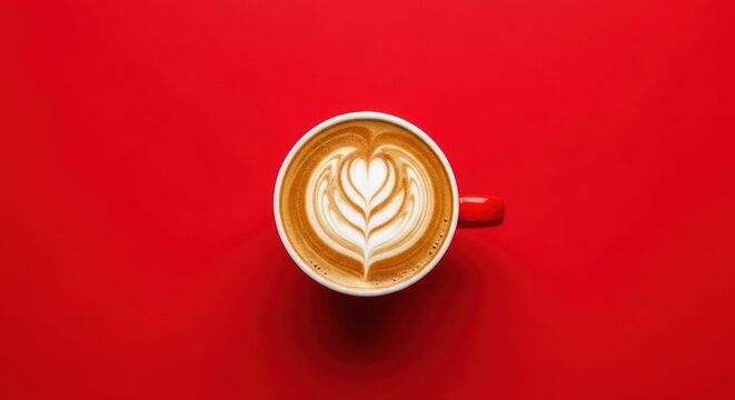 A top-down view of a cappuccino with heart-shaped latte art in a red cup on a vibrant, solid red background.
