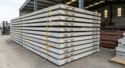A large stack of precast concrete slabs is neatly arranged outdoors, ready for construction or industrial use, with a forklift visible in the background.