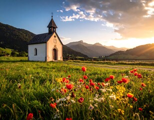 A small, white chapel sits in a field of wildflowers at sunset.  Mountains rise in the background