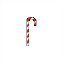 Retro pixel Christmas candy cane on white background signifying holiday festivities Retro 8bit game style Xmas icon isolated on white background