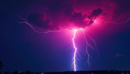 A vibrant red and blue lightning bolt streaks across a dark sky , astral, nature, thunder