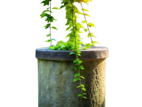Green plant with leaves growing in a stone pot, isolated on transparent background decorative plant in a pot - Powered by Adobe