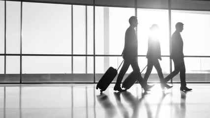 A team of business travelers in silhouette walks with their luggage through a sunlit airport concourse, representing a corporate journey - Powered by Adobe