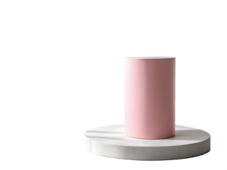 Modern pink cylinder on gray round podium isolated on transparent background, ideal for cosmetic product presentation