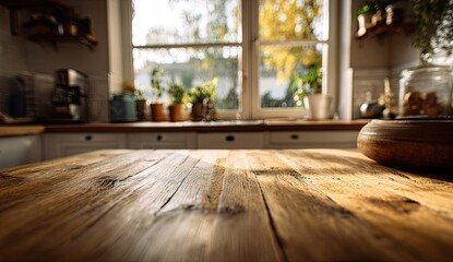 Sunlit wooden kitchen countertop, blurred background