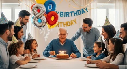 A family celebrating a 80th birthday with a cake and balloons.