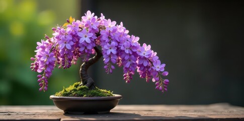 Purple wisteria blossoms cascade down miniature bonsai tree , tree, flowers