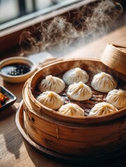 Steaming Pork Buns in Bamboo Basket with Soy Sauce