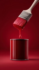 A close-up shot captures a paintbrush dripping vibrant crimson paint, poised above a matching paint can, against a monochromatic backdrop.