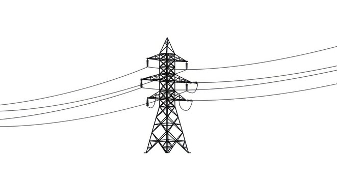 A minimalist black and white line drawing of a high-voltage electricity pylon with power lines extending outwards.