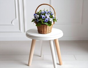 A small wicker basket filled with pansies sits on a white stool in a bright room