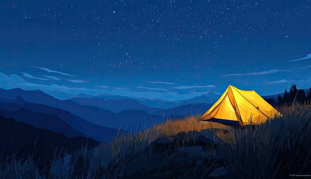 Nighttime camping scene, yellow tent, starlit sky