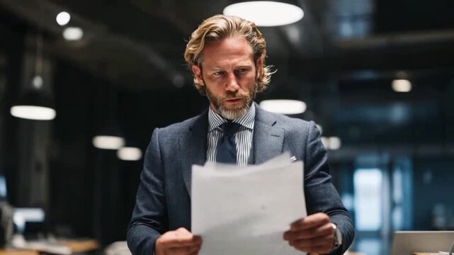 Focused Executive Reviewing Documents: A focused executive, immaculately dressed in a sharp suit, is deeply engrossed in examining a stack of documents, emanating professionalism and authority.