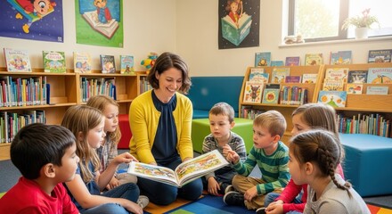 Fototapeta premium A teacher reading a book to a group of children in a library.