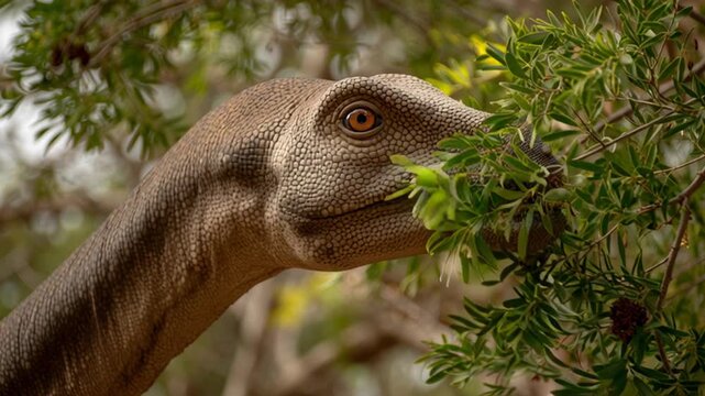 4k video of a dinosaur eating the tree branches and leaf.