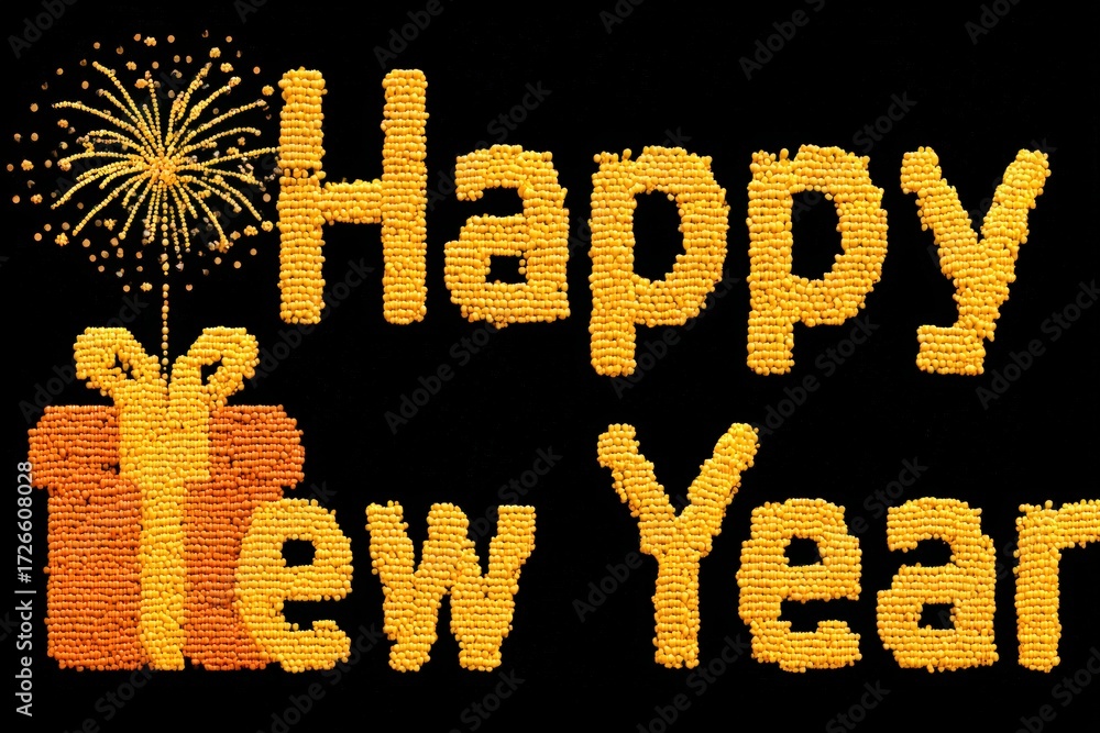 Poster Celebrating the transition into a new year with a vibrant display of festive text and gifts designed in colorful patterns symbolizing joy and prosperity for the year ahead