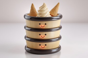 Delightful illustrated dessert centerpiece featuring creamy soft-serve ice cream in playful bamboo bowls with cheerful smiling faces showcasing a whimsical food concept