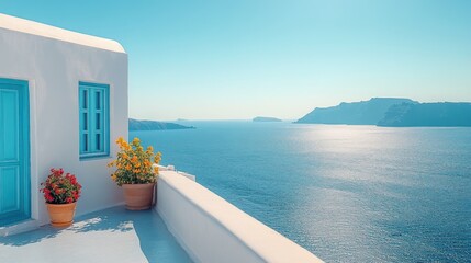 Fototapeta premium Whitewashed balcony, blue door, sea view