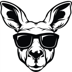 Frontfacing kangaroo face wears sunglasses in black and white art