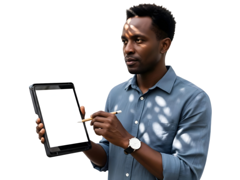 African American Man Tablet Mockup Digital Artist Holding Stylus Pen Presents Screen Mockup Technology Design App UI UX Presentation