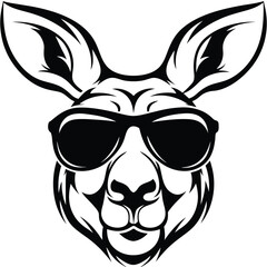 Frontfacing kangaroo visage sports cool sunglasses in a monochrome abstract line art depiction