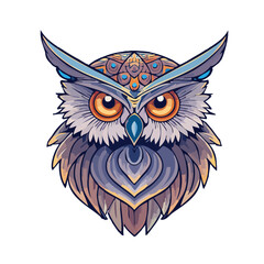 Colorful vector illustration of an owl head with detailed feathers, large orange eyes, and ornamental design. Stylized bird portrait perfect for logos, tattoo art, or decoration.
