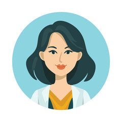 Vector portrait of a young woman with dark hair, wearing a white jacket and yellow top, on a blue circular background. Modern flat avatar illustration for profile or design use.
